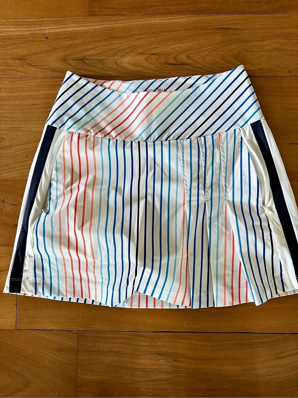 KINONA Show Me The Way Golf Skort White & Blue Small Golf Tennis Striped Skort